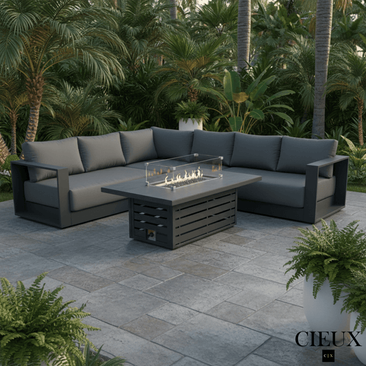CIEUX Sectional Lyon 2 Piece Outdoor Patio Aluminum Metal L-Shaped Sectional and Alsace Fire Pit Adjustable Height Table in Midnight Grey with Sunbrella Cushions in Canvas Charcoal