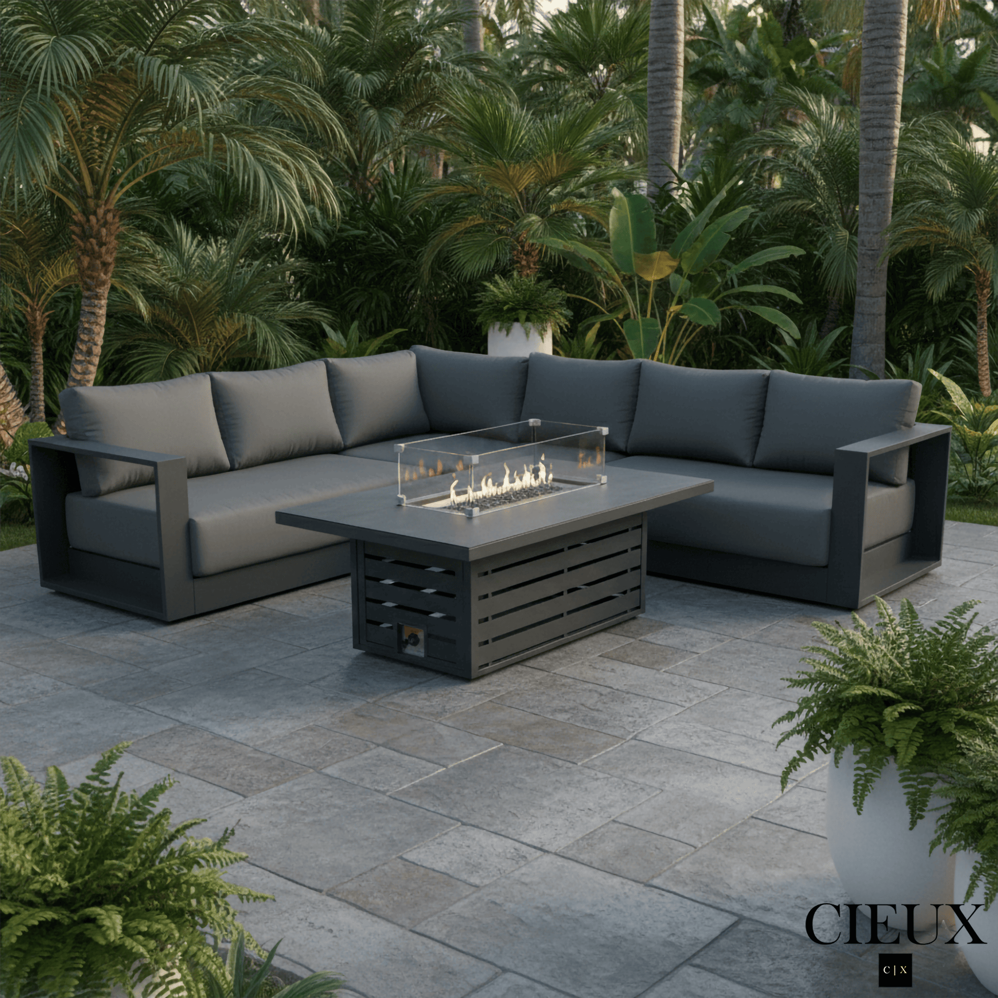 CIEUX Lyon 2 Piece Outdoor Patio Aluminum Metal L Shaped Sectional and Alsace Fire Pit Adjustable Height Table in Midnight Grey with Sunbrella Cushions in Canvas Charcoal, image 1