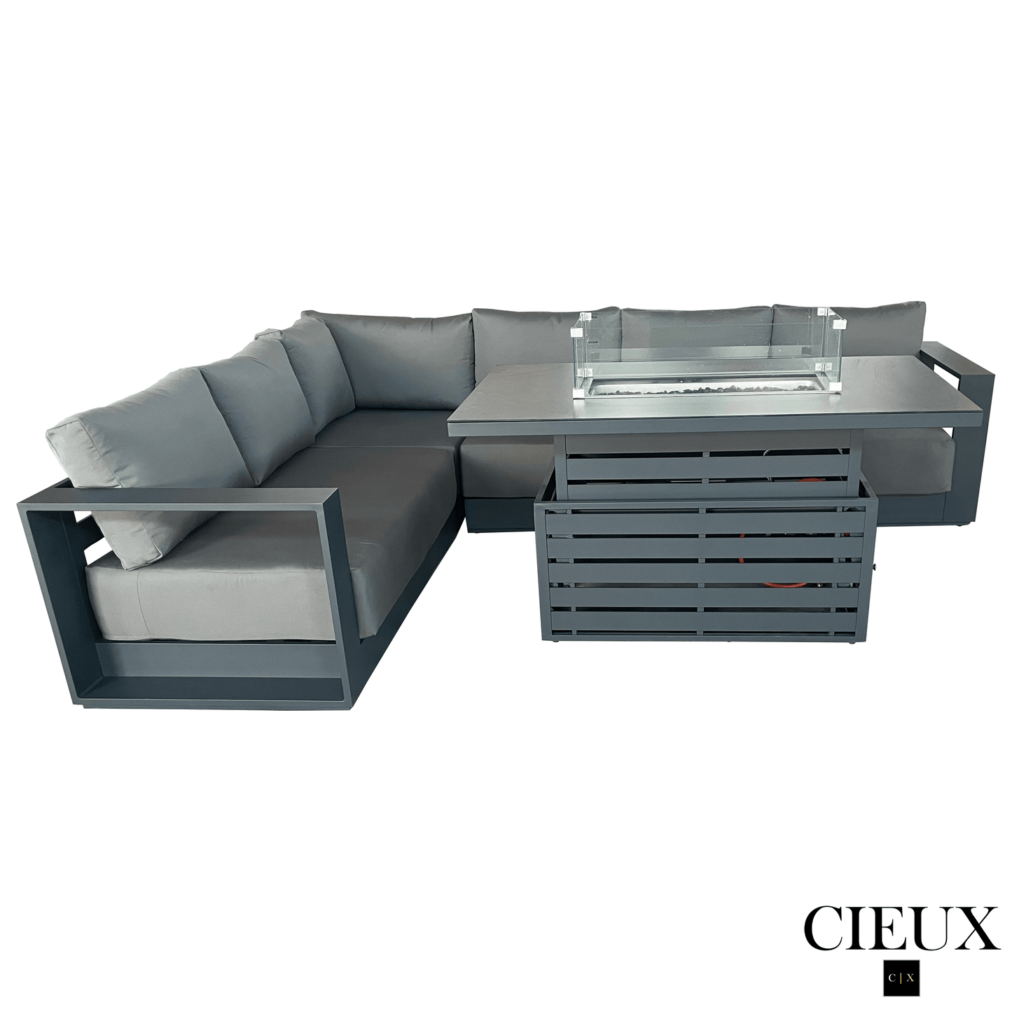 CIEUX Lyon 2 Piece Outdoor Patio Aluminum Metal L Shaped Sectional and Alsace Fire Pit Adjustable Height Table in Midnight Grey with Sunbrella Cushions in Canvas Charcoal, image 5