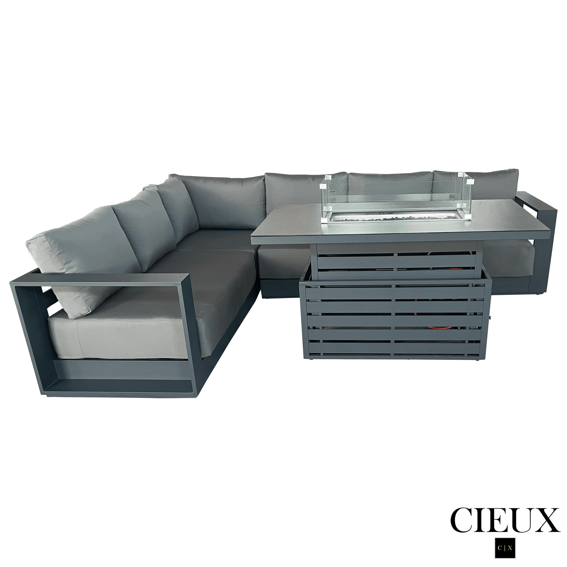 CIEUX Lyon 2 Piece Outdoor Patio Aluminum Metal L Shaped Sectional and Alsace Fire Pit Adjustable Height Table in Midnight Grey with Sunbrella Cushions in Canvas Charcoal, image 5