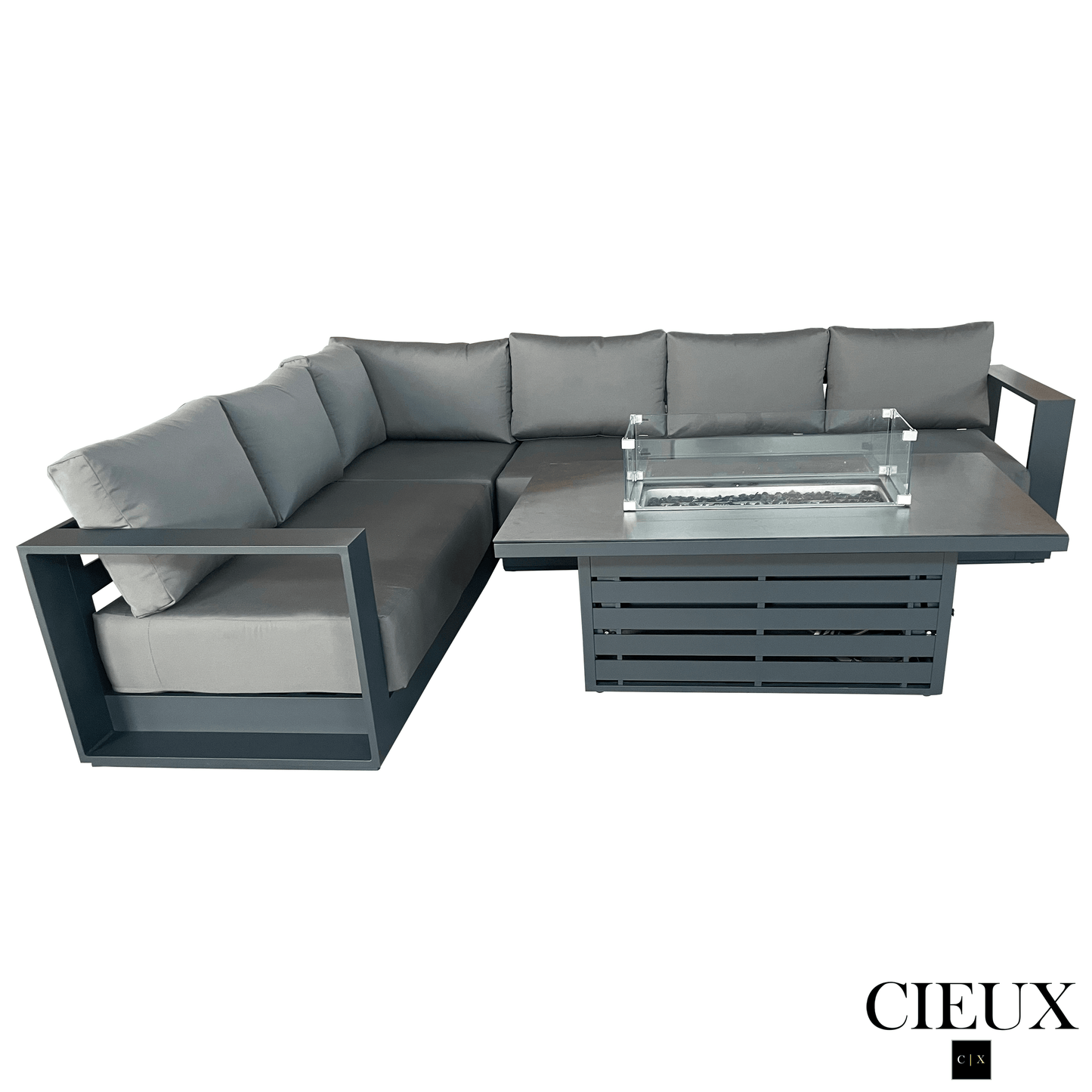 CIEUX Lyon 2 Piece Outdoor Patio Aluminum Metal L Shaped Sectional and Alsace Fire Pit Adjustable Height Table in Midnight Grey with Sunbrella Cushions in Canvas Charcoal, image 4