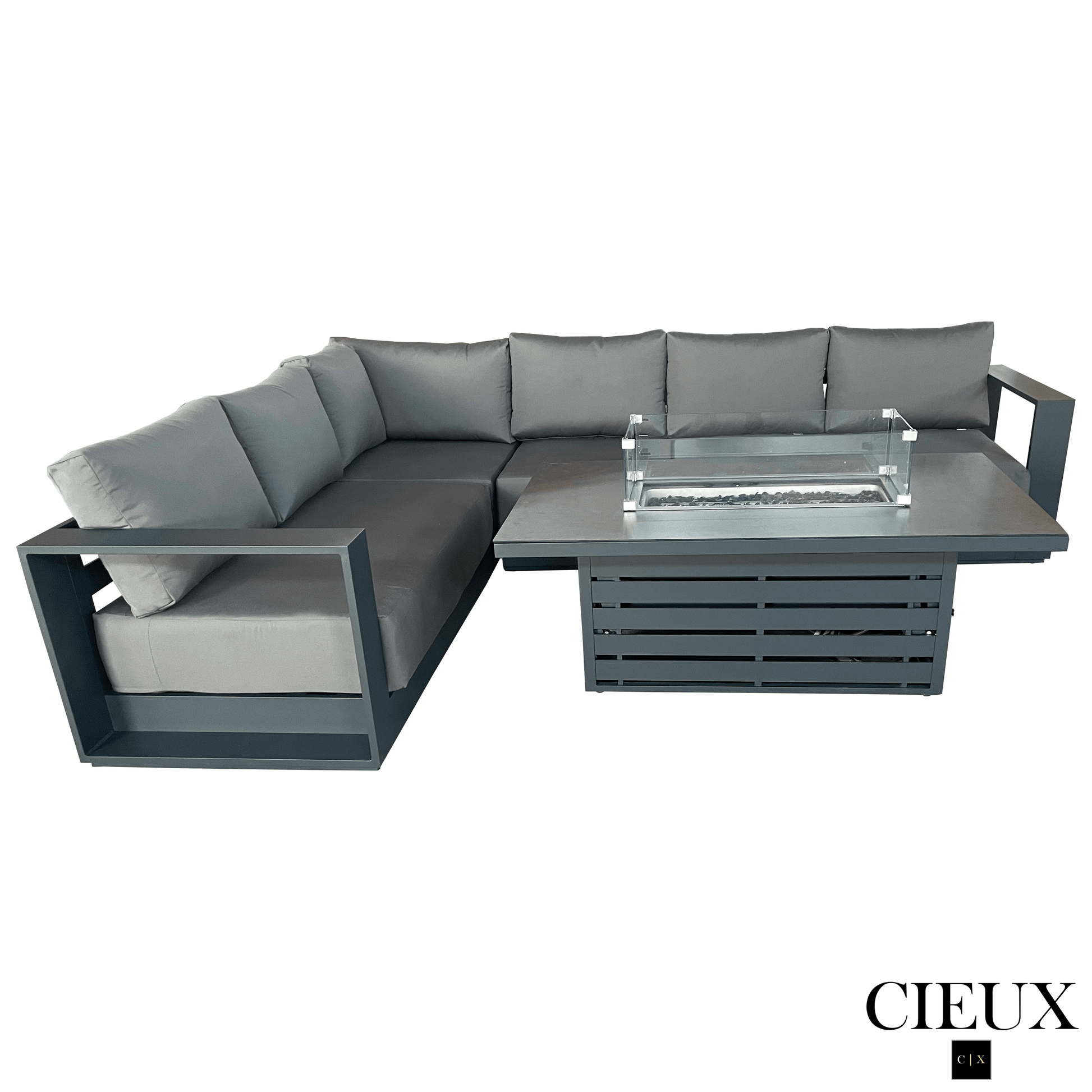 CIEUX Lyon 2 Piece Outdoor Patio Aluminum Metal L Shaped Sectional and Alsace Fire Pit Adjustable Height Table in Midnight Grey with Sunbrella Cushions in Canvas Charcoal, image 4