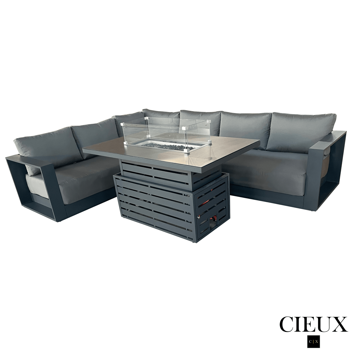 CIEUX Lyon 2 Piece Outdoor Patio Aluminum Metal L Shaped Sectional and Alsace Fire Pit Adjustable Height Table in Midnight Grey with Sunbrella Cushions in Canvas Charcoal, image 3
