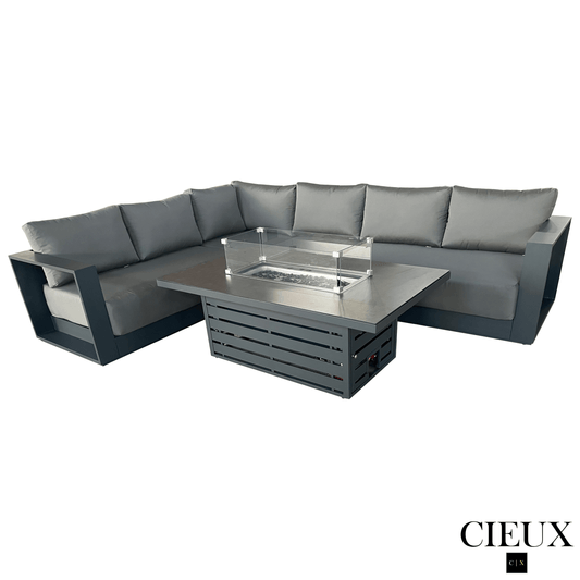 CIEUX Sectional Lyon 2 Piece Outdoor Patio Aluminum Metal L-Shaped Sectional and Alsace Fire Pit Adjustable Height Table in Midnight Grey with Sunbrella Cushions in Canvas Charcoal