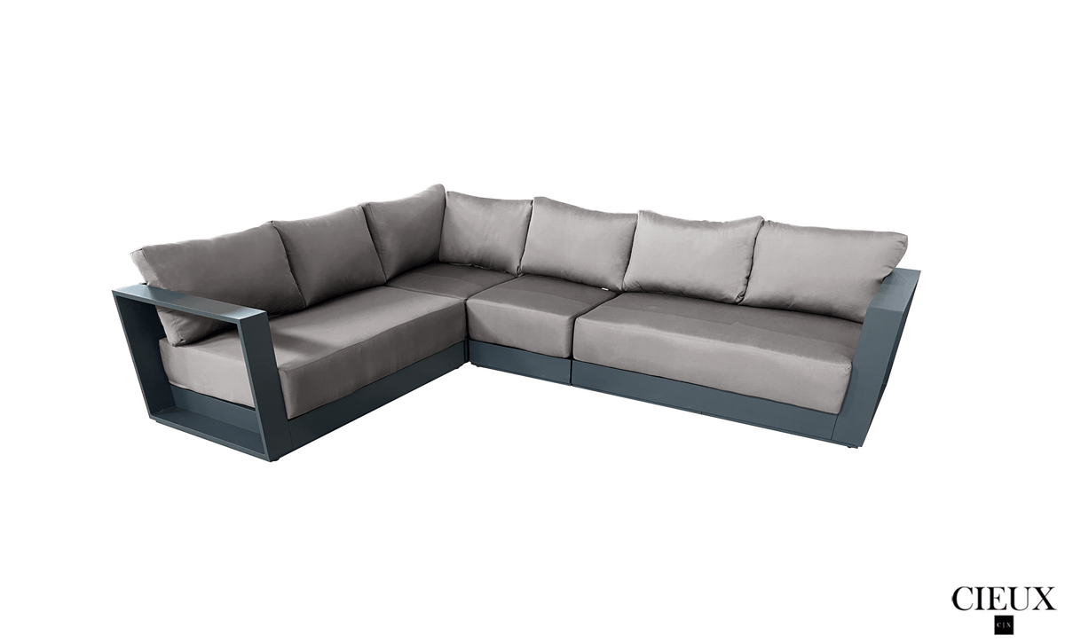 CIEUX Lyon 2 Piece Outdoor Patio Aluminum Metal L Shaped Sectional and Annency Fire Pit Coffee Table in Midnight Grey with Sunbrella Cushions, image 11