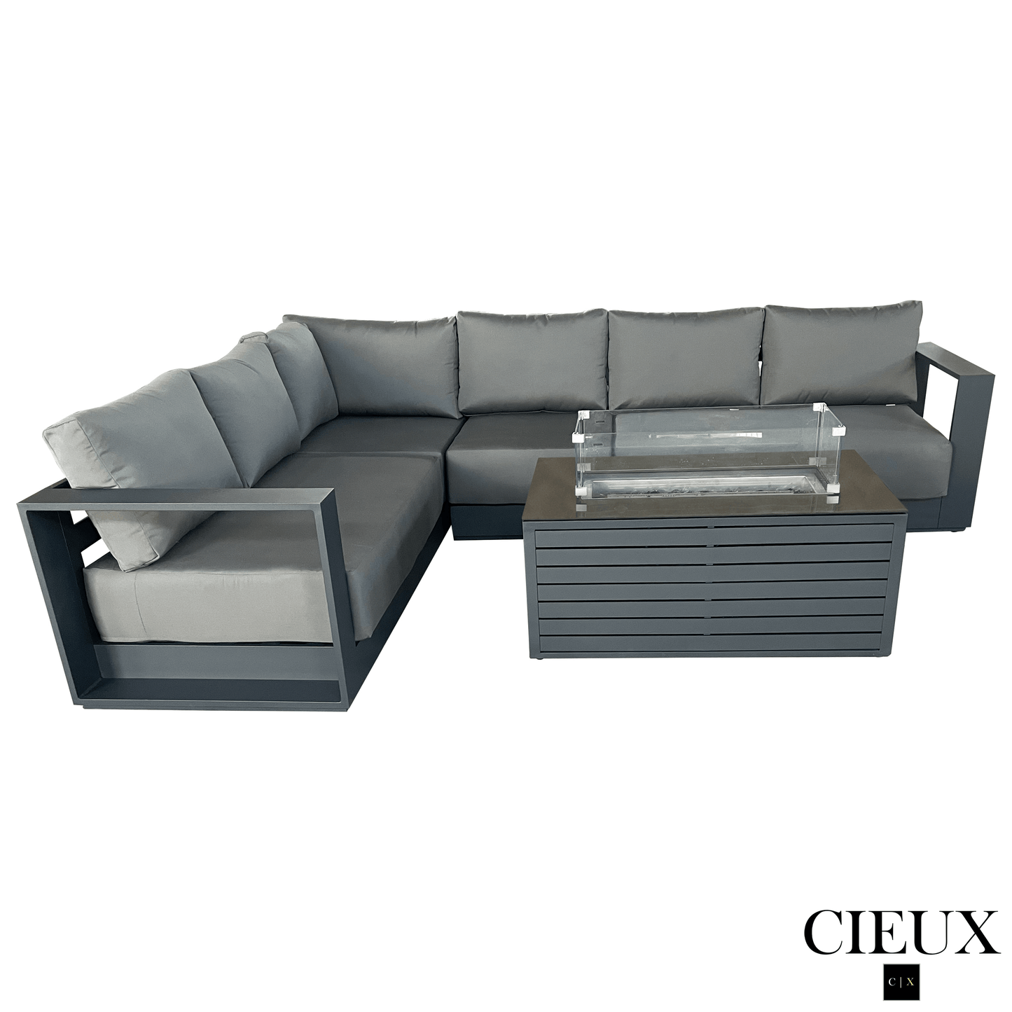 CIEUX Lyon 2 Piece Outdoor Patio Aluminum Metal L Shaped Sectional and Annency Fire Pit Coffee Table in Midnight Grey with Sunbrella Cushions in Canvas Charcoal, image 3