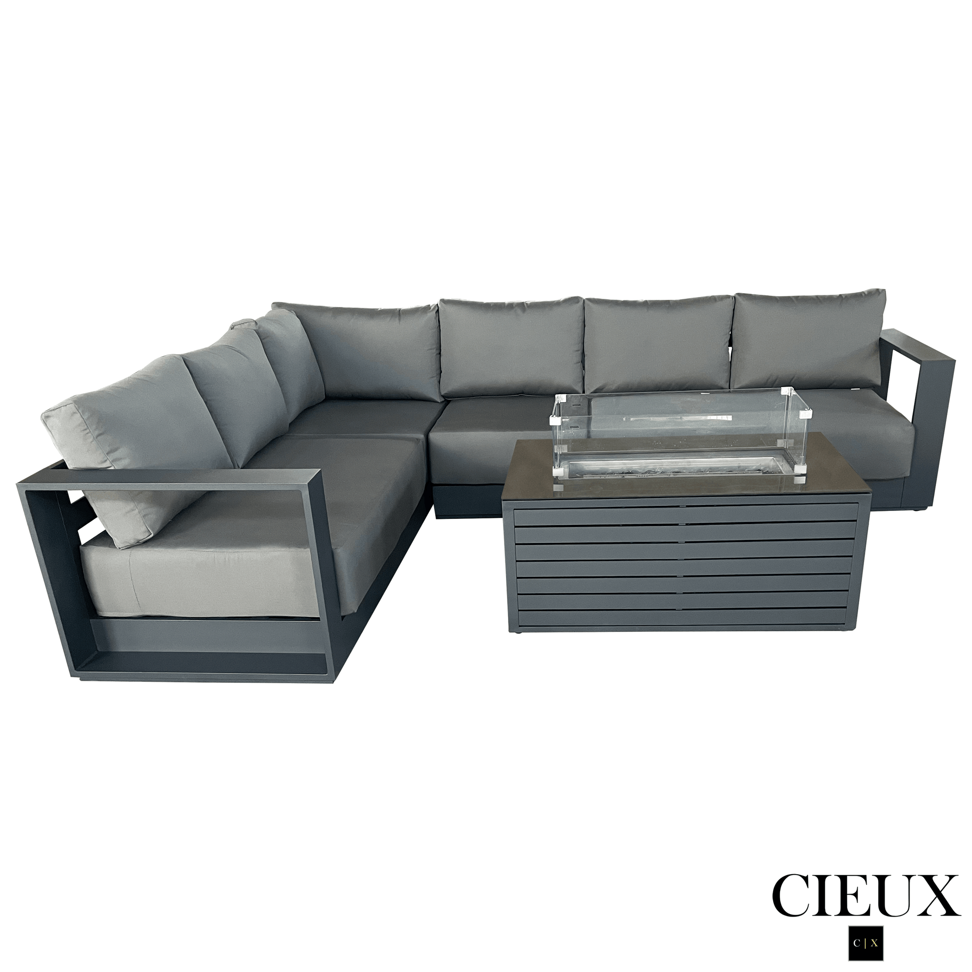 CIEUX Lyon 2 Piece Outdoor Patio Aluminum Metal L Shaped Sectional and Annency Fire Pit Coffee Table in Midnight Grey with Sunbrella Cushions in Canvas Charcoal, image 3