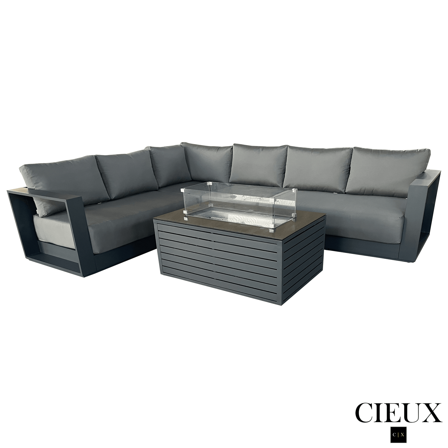 CIEUX Lyon 2 Piece Outdoor Patio Aluminum Metal L Shaped Sectional and Annency Fire Pit Coffee Table in Midnight Grey with Sunbrella Cushions in Canvas Charcoal, image 2