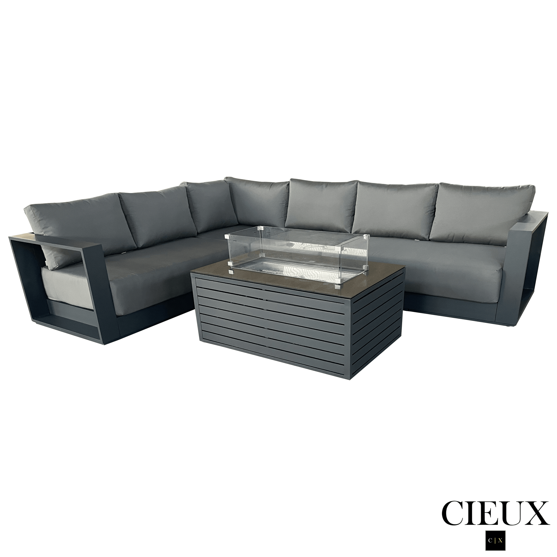 CIEUX Lyon 2 Piece Outdoor Patio Aluminum Metal L Shaped Sectional and Annency Fire Pit Coffee Table in Midnight Grey with Sunbrella Cushions in Canvas Charcoal, image 2
