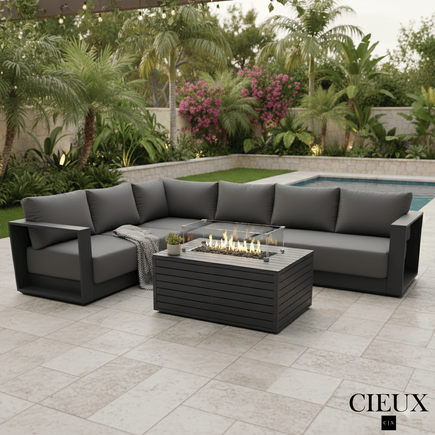 CIEUX Lyon 2 Piece Outdoor Patio Aluminum Metal L Shaped Sectional and Annency Fire Pit Coffee Table in Midnight Grey with Sunbrella Cushions in Canvas Charcoal, image 1