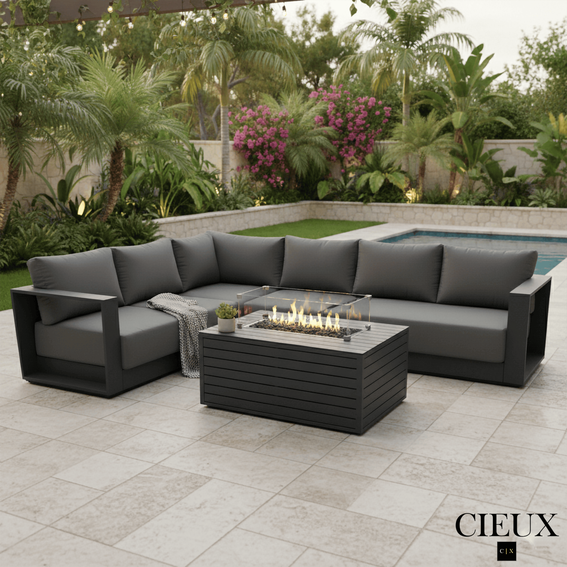 CIEUX Lyon 2 Piece Outdoor Patio Aluminum Metal L Shaped Sectional and Annency Fire Pit Coffee Table in Midnight Grey with Sunbrella Cushions in Canvas Charcoal, image 1