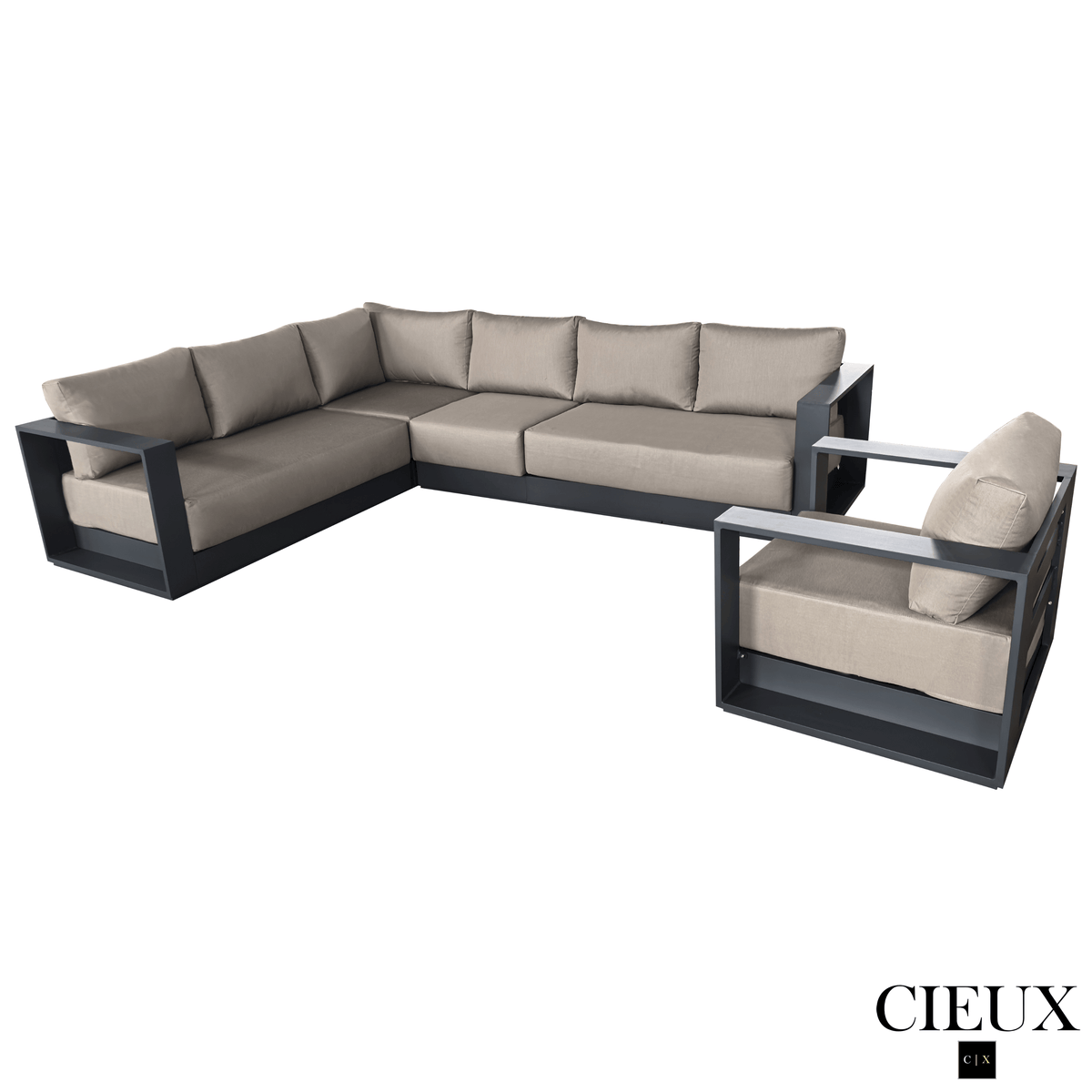CIEUX Lyon 2 Piece Outdoor Patio Aluminum Metal L Shaped Sectional and Club Chair in Midnight Grey with Sunbrella Cushions, image 9