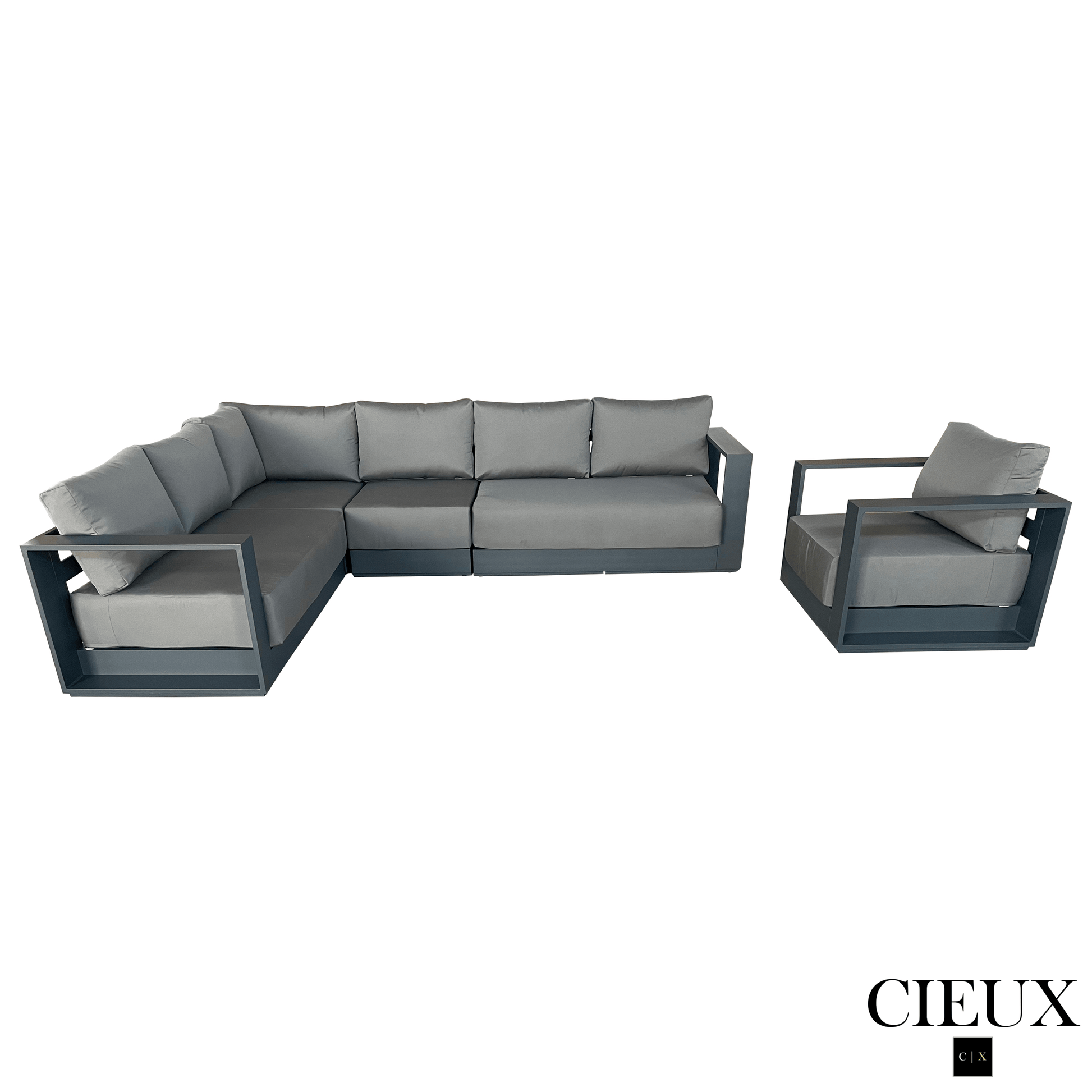 CIEUX Lyon 2 Piece Outdoor Patio Aluminum Metal L Shaped Sectional and Club Chair in Midnight Grey with Sunbrella Cushions in Canvas Charcoal, image 3