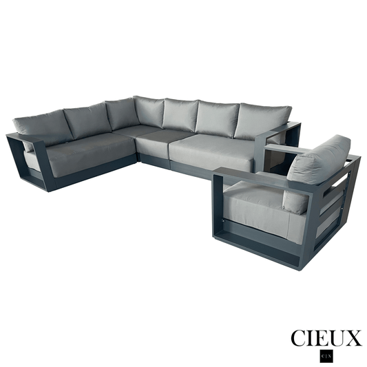 CIEUX Sectional Lyon 2 Piece Outdoor Patio Aluminum Metal L-Shaped Sectional and Club Chair in Midnight Grey with Sunbrella Cushions in Canvas Charcoal