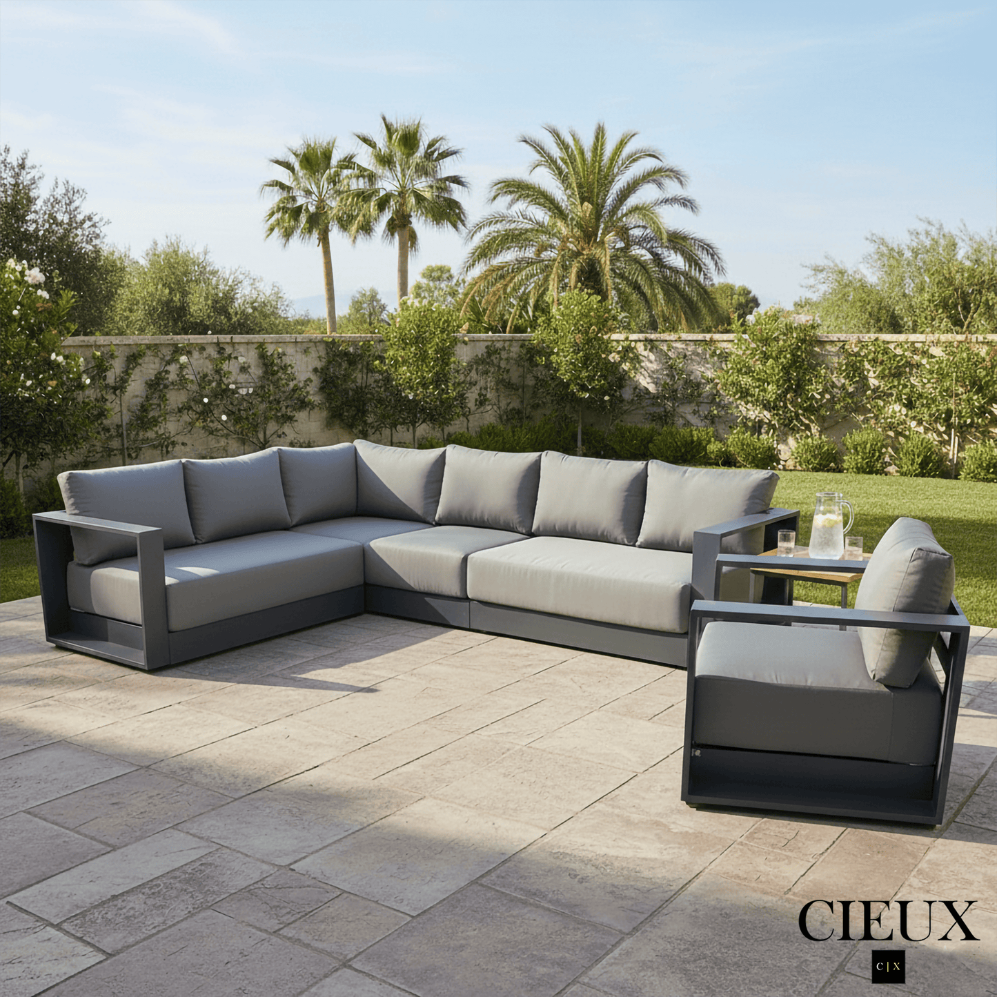 CIEUX Lyon 2 Piece Outdoor Patio Aluminum Metal L Shaped Sectional and Club Chair in Midnight Grey with Sunbrella Cushions in Canvas Charcoal, image 1