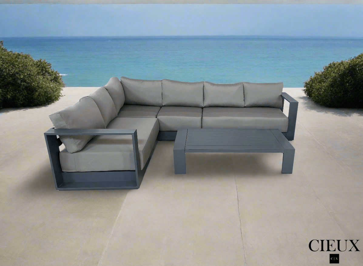 CIEUX Lyon 2 Piece Outdoor Patio Aluminum Metal L Shaped Sectional Sofa and Coffee Table Set in Midnight Grey with Sunbrella Cushions, image 2