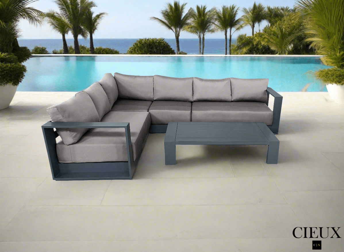 CIEUX Lyon 2 Piece Outdoor Patio Aluminum Metal L Shaped Sectional Sofa and Coffee Table Set in Midnight Grey with Sunbrella Cushions, image 7