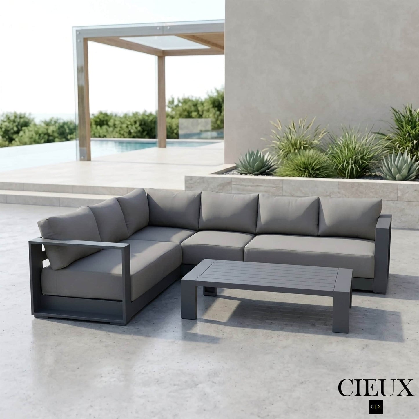 CIEUX Lyon 2 Piece Outdoor Patio Aluminum Metal L Shaped Sectional Sofa and Coffee Table Set in Midnight Grey with Sunbrella Cushions, image 1