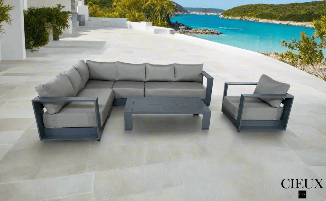 CIEUX Lyon 3 Piece Outdoor Patio Aluminum Metal L Shaped Sectional Sofa, Coffee Table and Club Chair Set in Midnight Grey with Sunbrella Cushions, image 2