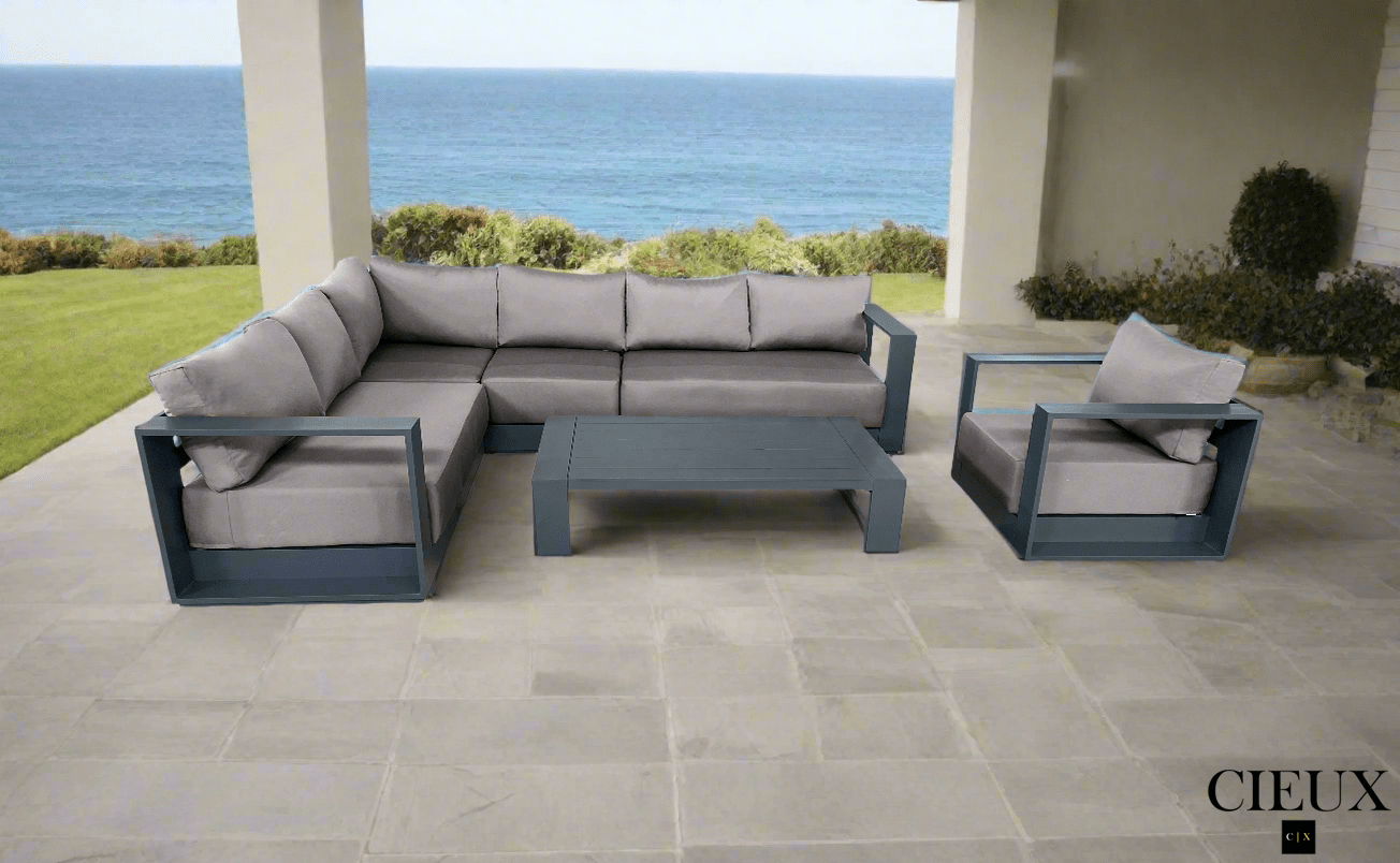 CIEUX Sectional Lyon 3 Piece Outdoor Patio Aluminum Metal L-Shaped Sectional Sofa, Coffee Table and Club Chair Set in Midnight Grey with Sunbrella Cushions - Available in 2 Colours