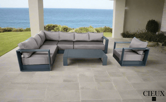 CIEUX Sectional Lyon 3 Piece Outdoor Patio Aluminum Metal L-Shaped Sectional Sofa, Coffee Table and Club Chair Set in Midnight Grey with Sunbrella Cushions - Available in 2 Colours