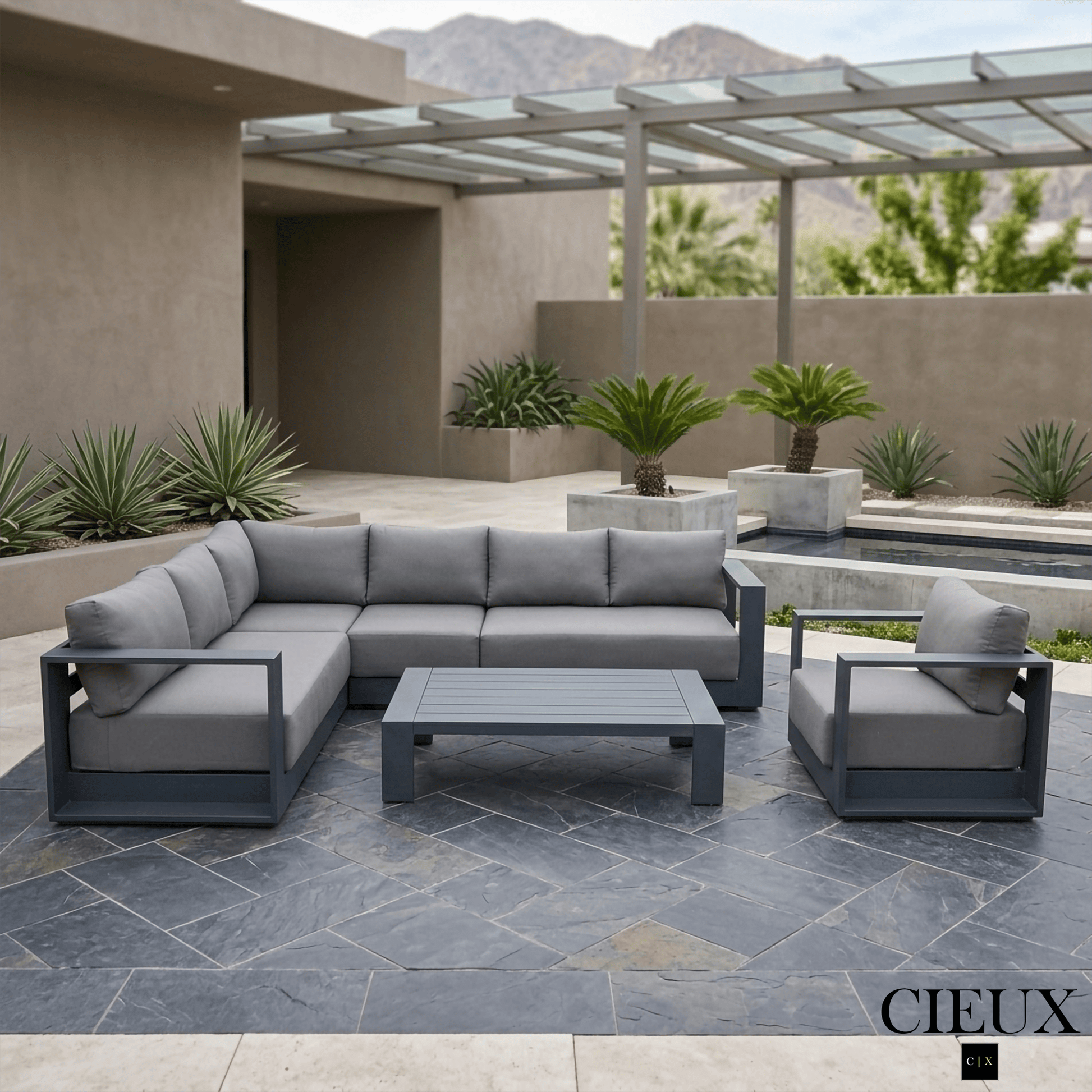 CIEUX Sectional Lyon 3 Piece Outdoor Patio Aluminum Metal L-Shaped Sectional Sofa, Coffee Table and Club Chair Set in Midnight Grey with Sunbrella Cushions - Available in 2 Colours