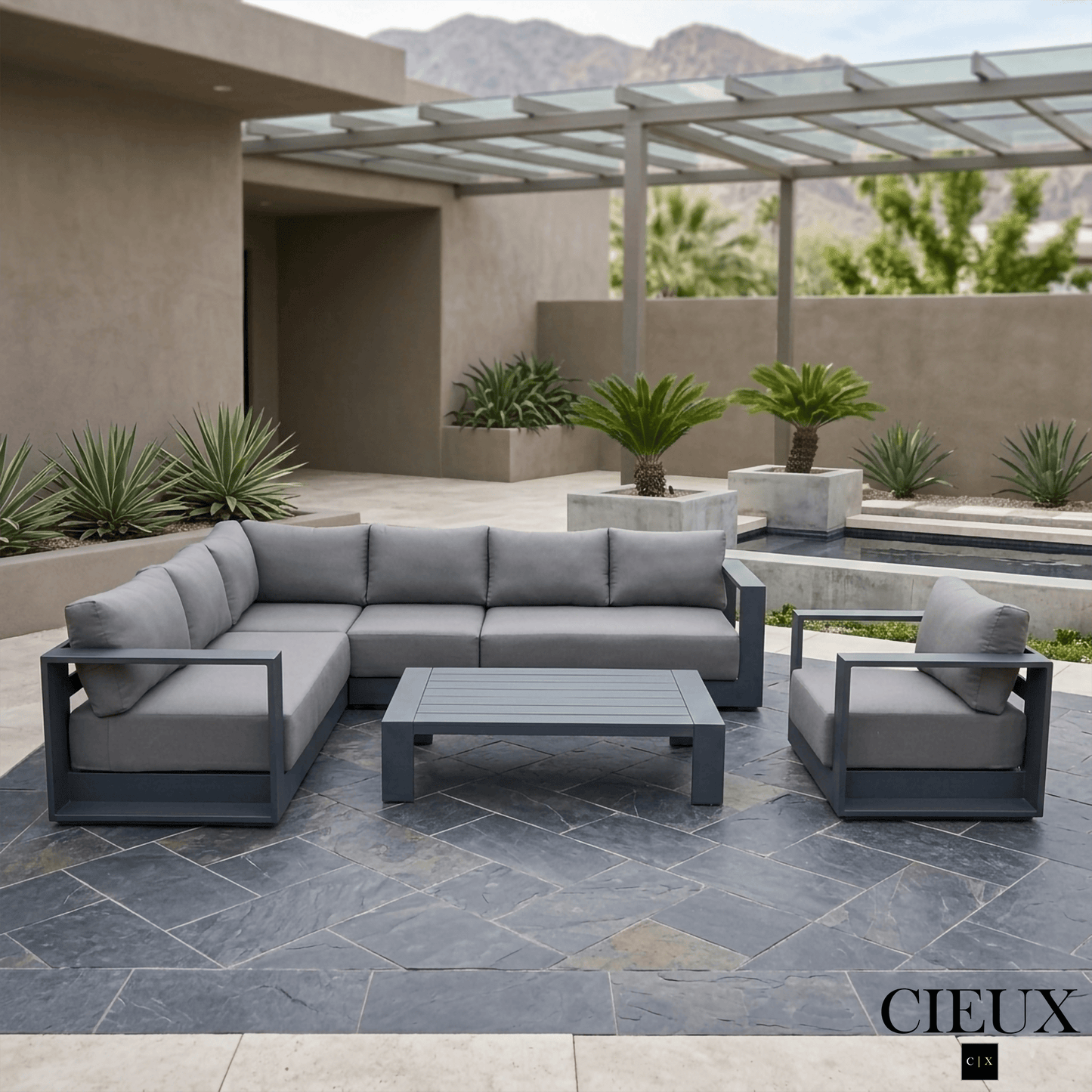 CIEUX Lyon 3 Piece Outdoor Patio Aluminum Metal L Shaped Sectional Sofa, Coffee Table and Club Chair Set in Midnight Grey with Sunbrella Cushions, image 1