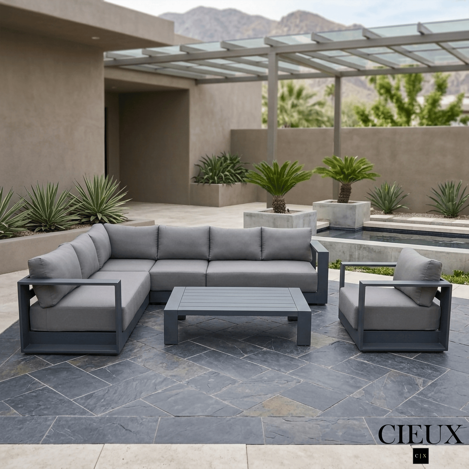 CIEUX Lyon 3 Piece Outdoor Patio Aluminum Metal L Shaped Sectional Sofa, Coffee Table and Club Chair Set in Midnight Grey with Sunbrella Cushions, image 1