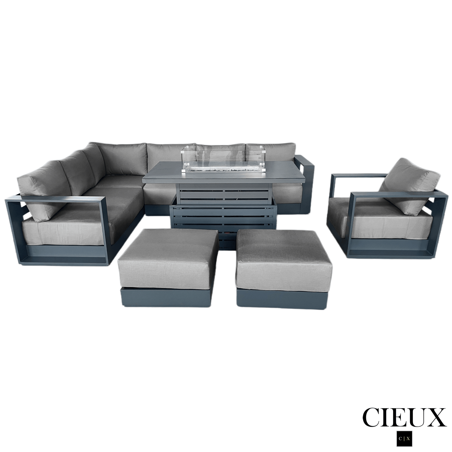 CIEUX Sectional Lyon 5 Piece Outdoor Patio Aluminum Metal L-Shaped Sectional Sofa, Club Chair, 2 Ottomans, and Alsace Fire Pit Adjustable Height Table in Midnight Grey with Sunbrella Cushions - Available in 2 Colours