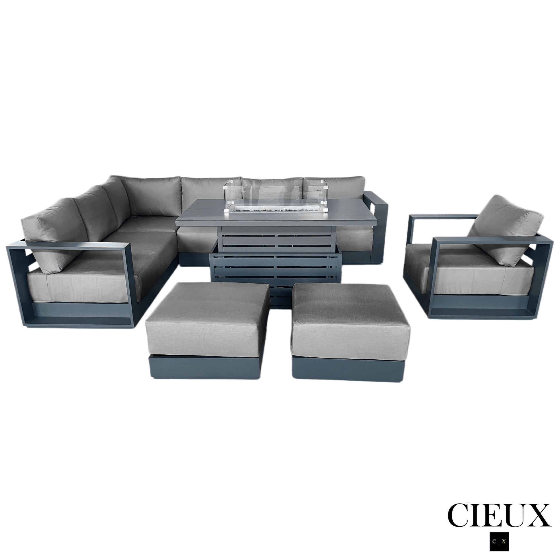 CIEUX Sectional Lyon 5 Piece Outdoor Patio Aluminum Metal L-Shaped Sectional Sofa, Club Chair, 2 Ottomans, and Alsace Fire Pit Adjustable Height Table in Midnight Grey with Sunbrella Cushions - Available in 2 Colours