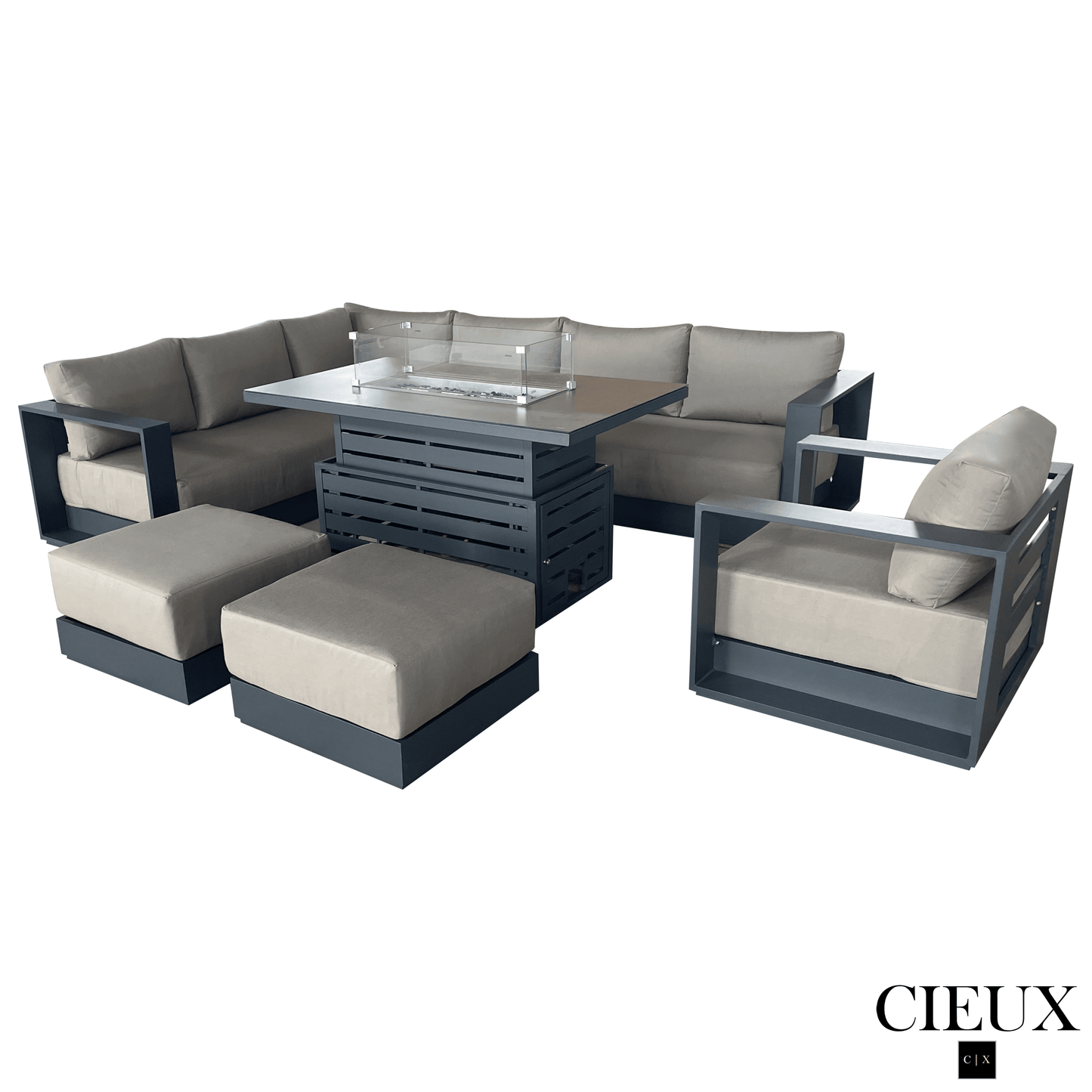 CIEUX Sectional Lyon 5 Piece Outdoor Patio Aluminum Metal L-Shaped Sectional Sofa, Club Chair, 2 Ottomans, and Alsace Fire Pit Adjustable Height Table in Midnight Grey with Sunbrella Cushions - Available in 2 Colours