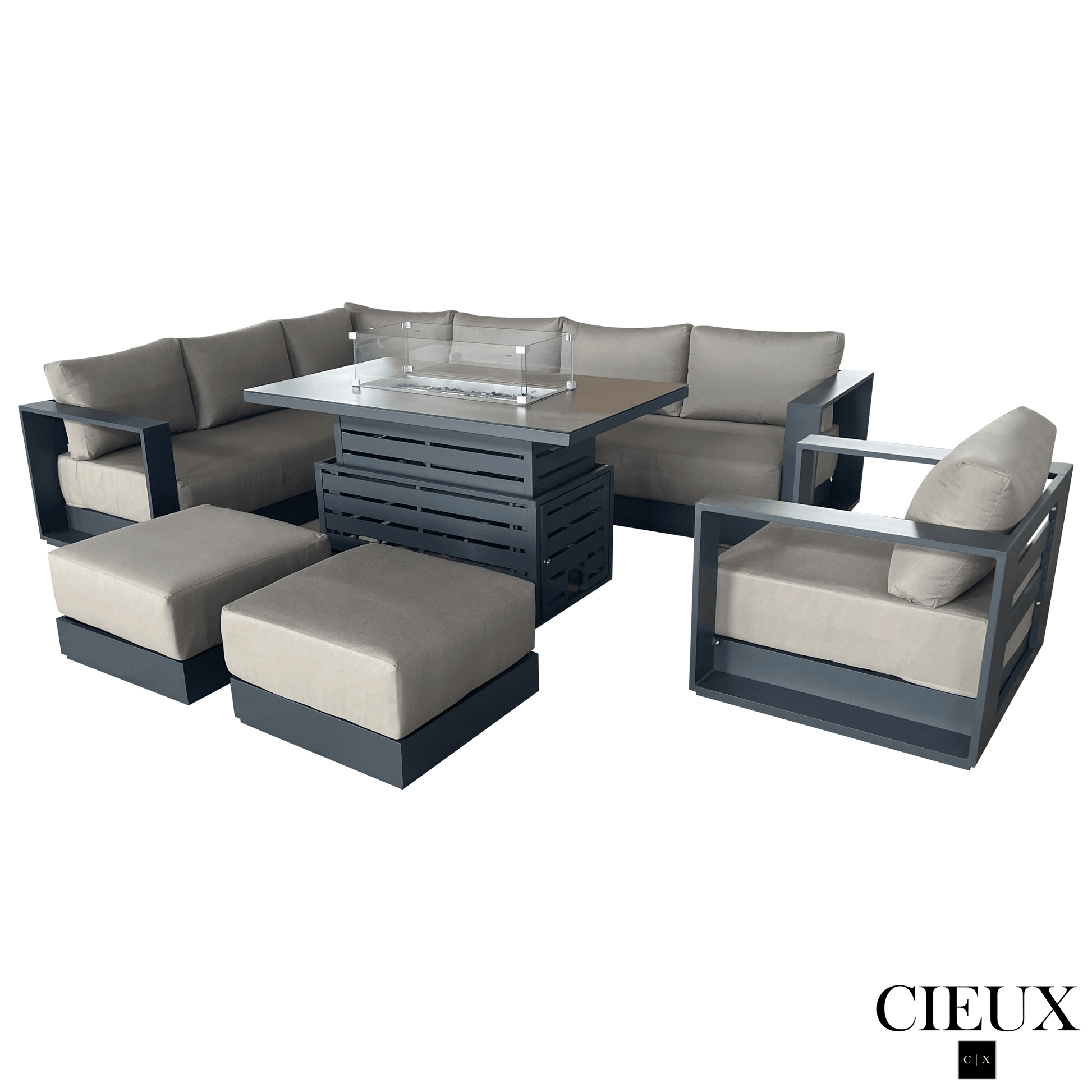 CIEUX Sectional Lyon 5 Piece Outdoor Patio Aluminum Metal L-Shaped Sectional Sofa, Club Chair, 2 Ottomans, and Alsace Fire Pit Adjustable Height Table in Midnight Grey with Sunbrella Cushions - Available in 2 Colours