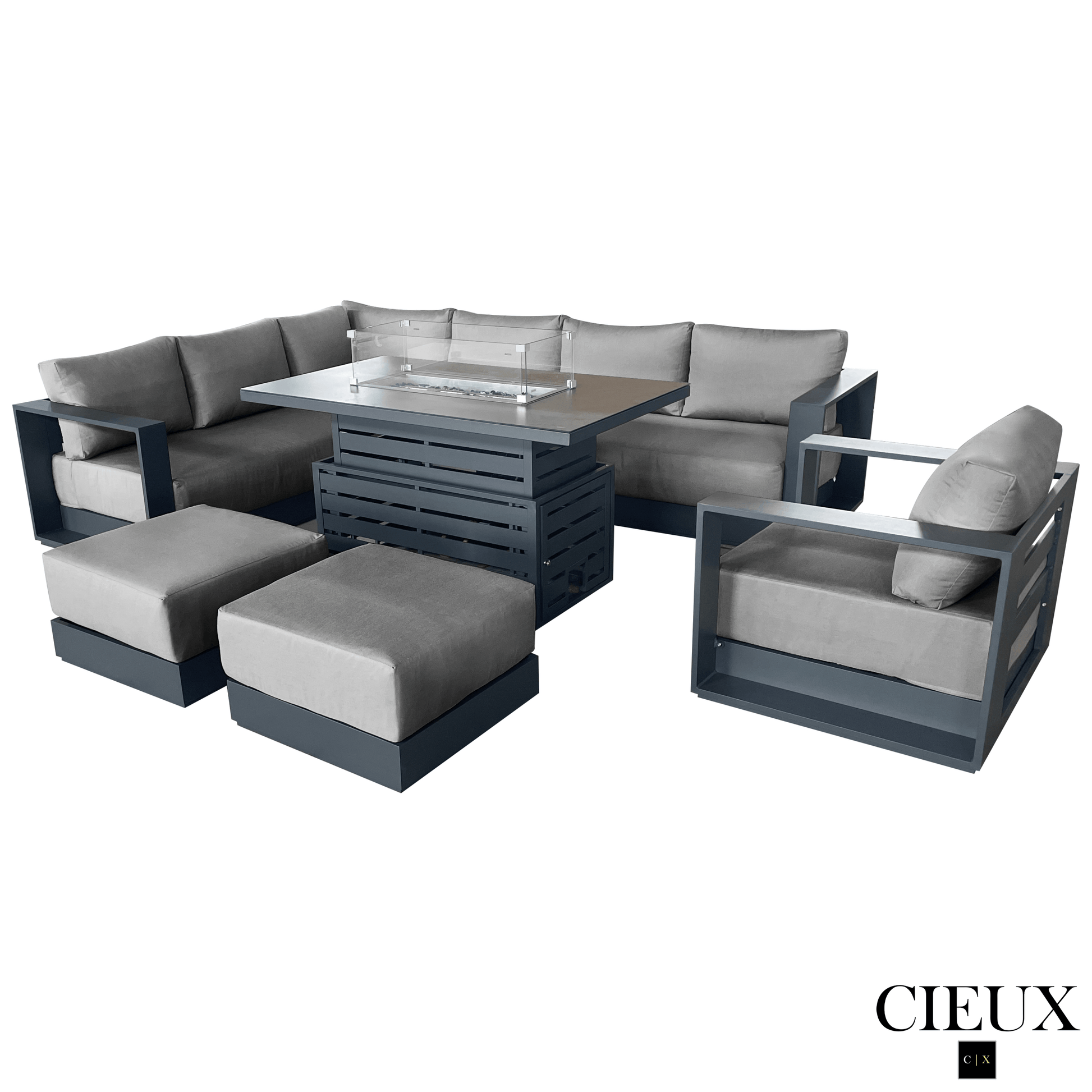 CIEUX Sectional Lyon 5 Piece Outdoor Patio Aluminum Metal L-Shaped Sectional Sofa, Club Chair, 2 Ottomans, and Alsace Fire Pit Adjustable Height Table in Midnight Grey with Sunbrella Cushions - Available in 2 Colours