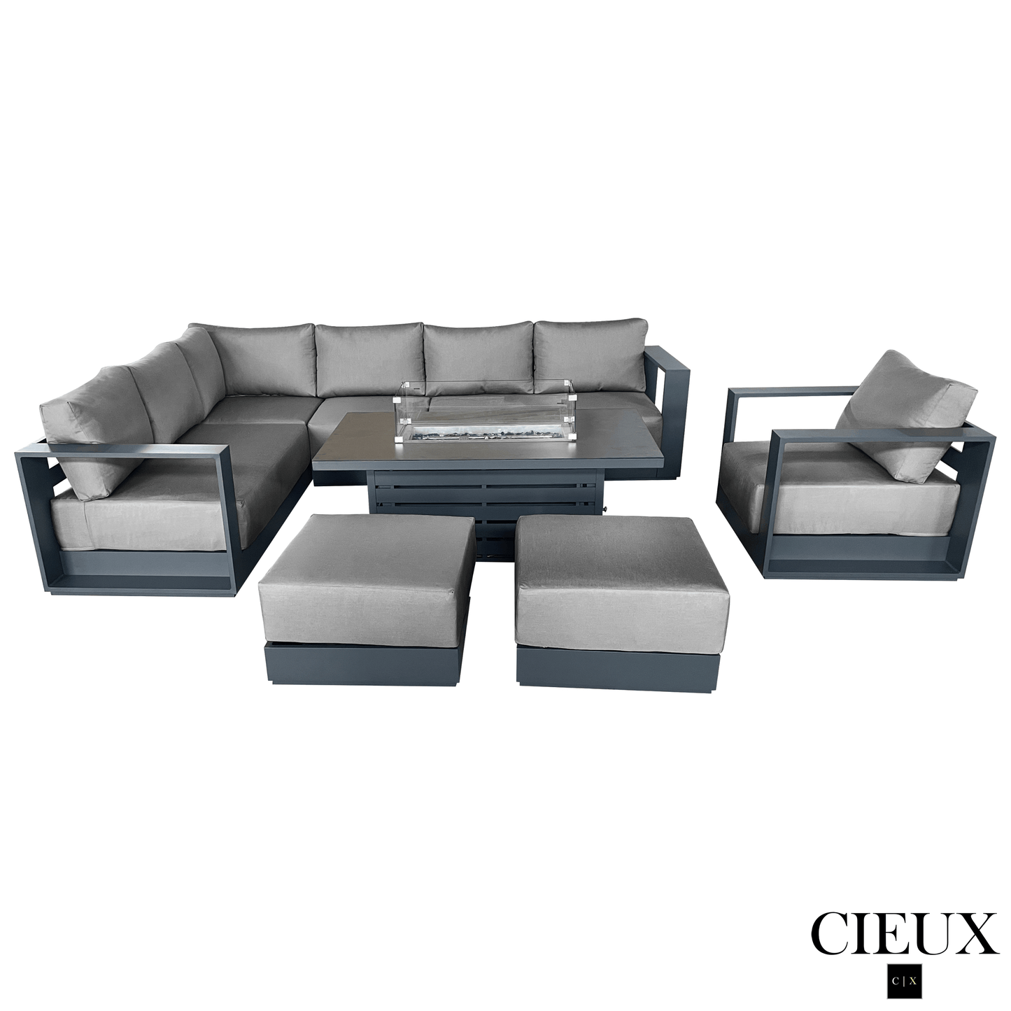 CIEUX Sectional Lyon 5 Piece Outdoor Patio Aluminum Metal L-Shaped Sectional Sofa, Club Chair, 2 Ottomans, and Alsace Fire Pit Adjustable Height Table in Midnight Grey with Sunbrella Cushions - Available in 2 Colours