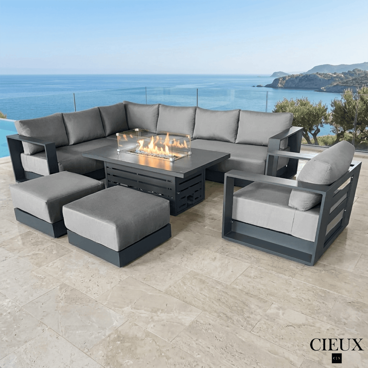 CIEUX Sectional Lyon 5 Piece Outdoor Patio Aluminum Metal L-Shaped Sectional Sofa, Club Chair, 2 Ottomans, and Alsace Fire Pit Adjustable Height Table in Midnight Grey with Sunbrella Cushions - Available in 2 Colours