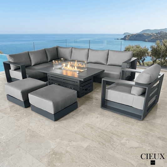 CIEUX Sectional Lyon 5 Piece Outdoor Patio Aluminum Metal L-Shaped Sectional Sofa, Club Chair, 2 Ottomans, and Alsace Fire Pit Adjustable Height Table in Midnight Grey with Sunbrella Cushions - Available in 2 Colours