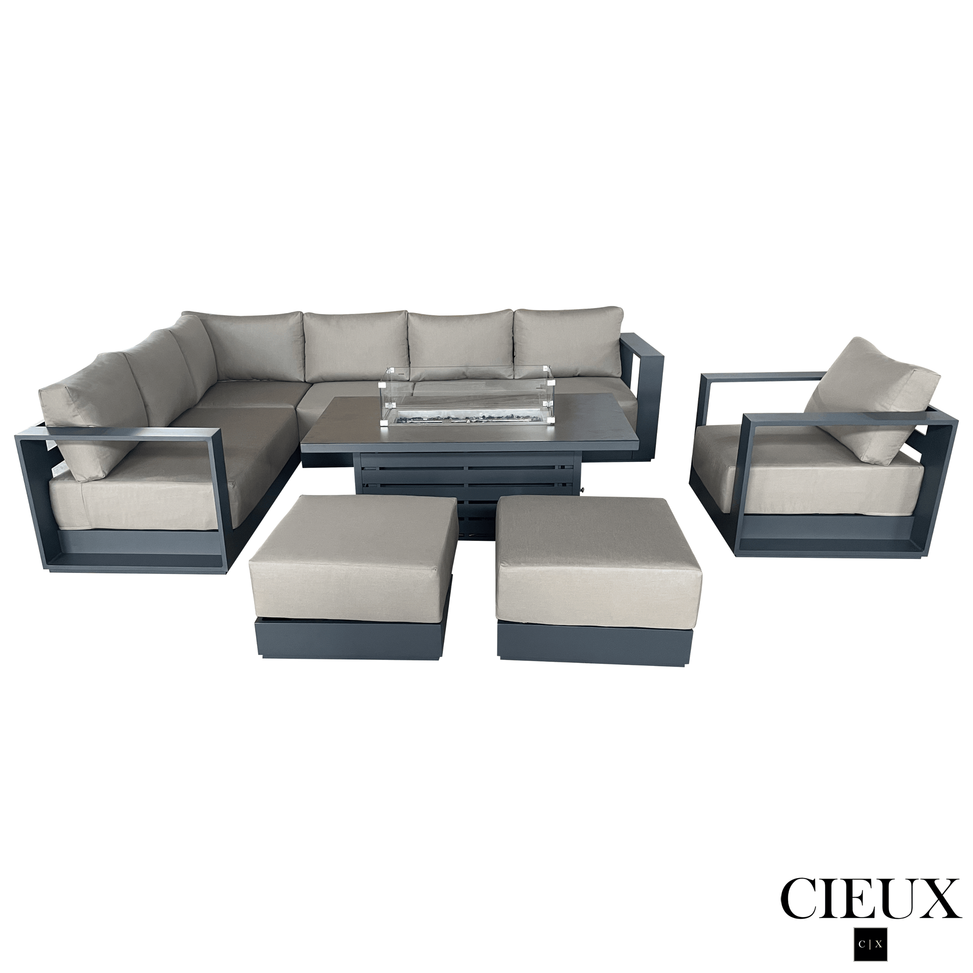 CIEUX Sectional Lyon 5 Piece Outdoor Patio Aluminum Metal L-Shaped Sectional Sofa, Club Chair, 2 Ottomans, and Alsace Fire Pit Adjustable Height Table in Midnight Grey with Sunbrella Cushions - Available in 2 Colours