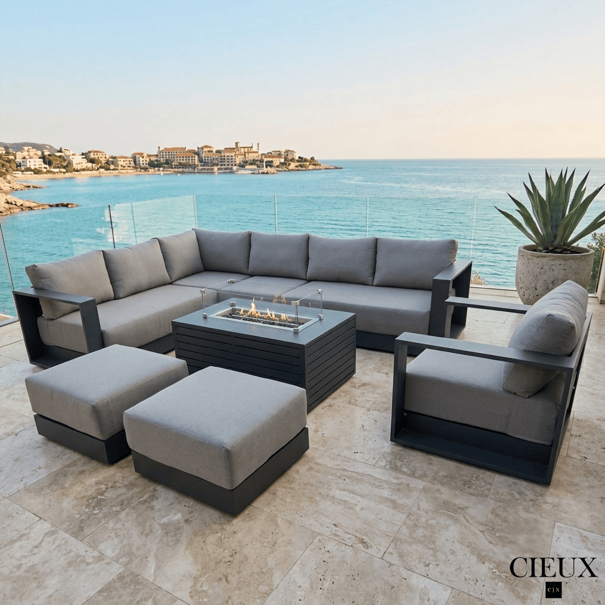 CIEUX Sectional Lyon 5 Piece Outdoor Patio Aluminum Metal L-Shaped Sectional Sofa, Club Chair, 2 Ottomans, and Annency Fire Pit Coffee Table in Midnight Grey with Sunbrella Cushions - Available in 2 Colours
