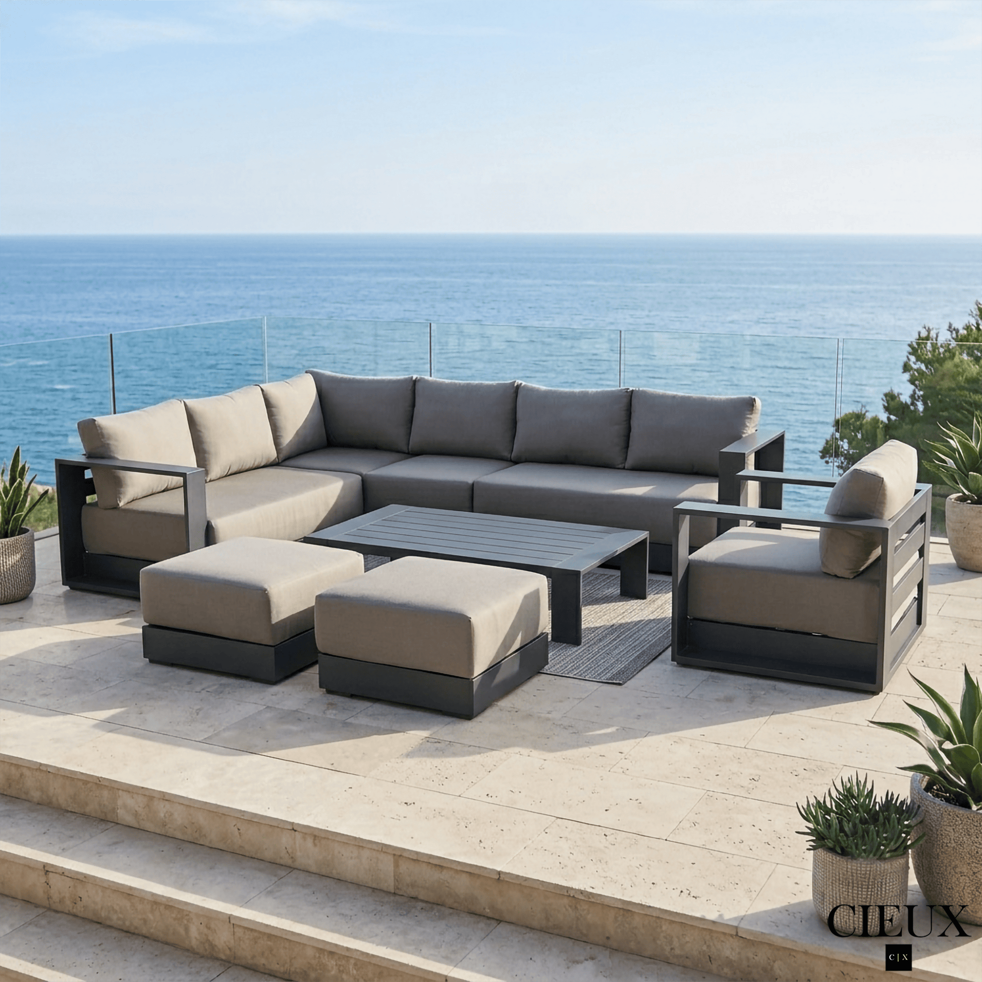 CIEUX Sectional Lyon 5 Piece Outdoor Patio Aluminum Metal L-Shaped Sectional Sofa, Club Chair, 2 Ottomans, and Coffee Table Set in Midnight Grey with Sunbrella Cushions - Available in 2 Colours