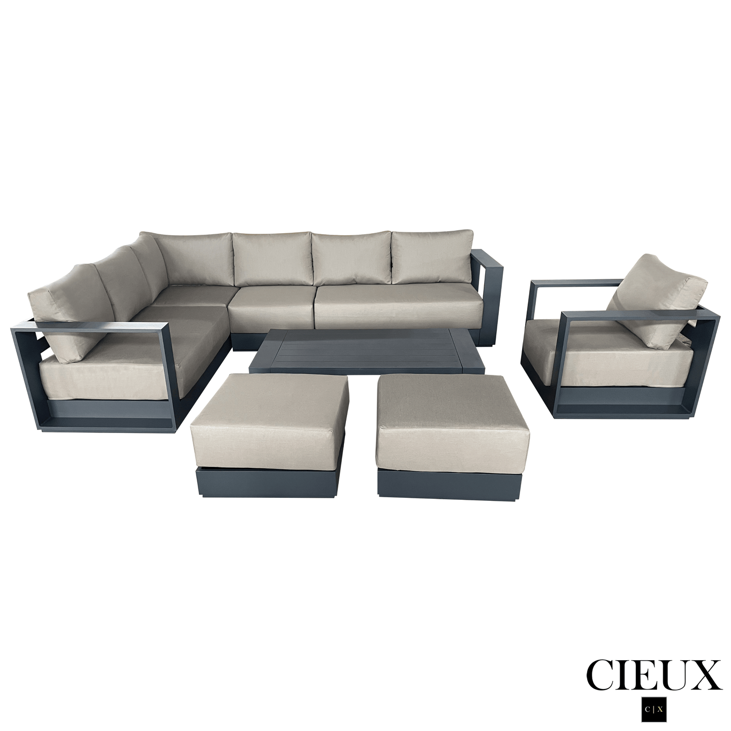 CIEUX Sectional Lyon 5 Piece Outdoor Patio Aluminum Metal L-Shaped Sectional Sofa, Club Chair, 2 Ottomans, and Coffee Table Set in Midnight Grey with Sunbrella Cushions - Available in 2 Colours