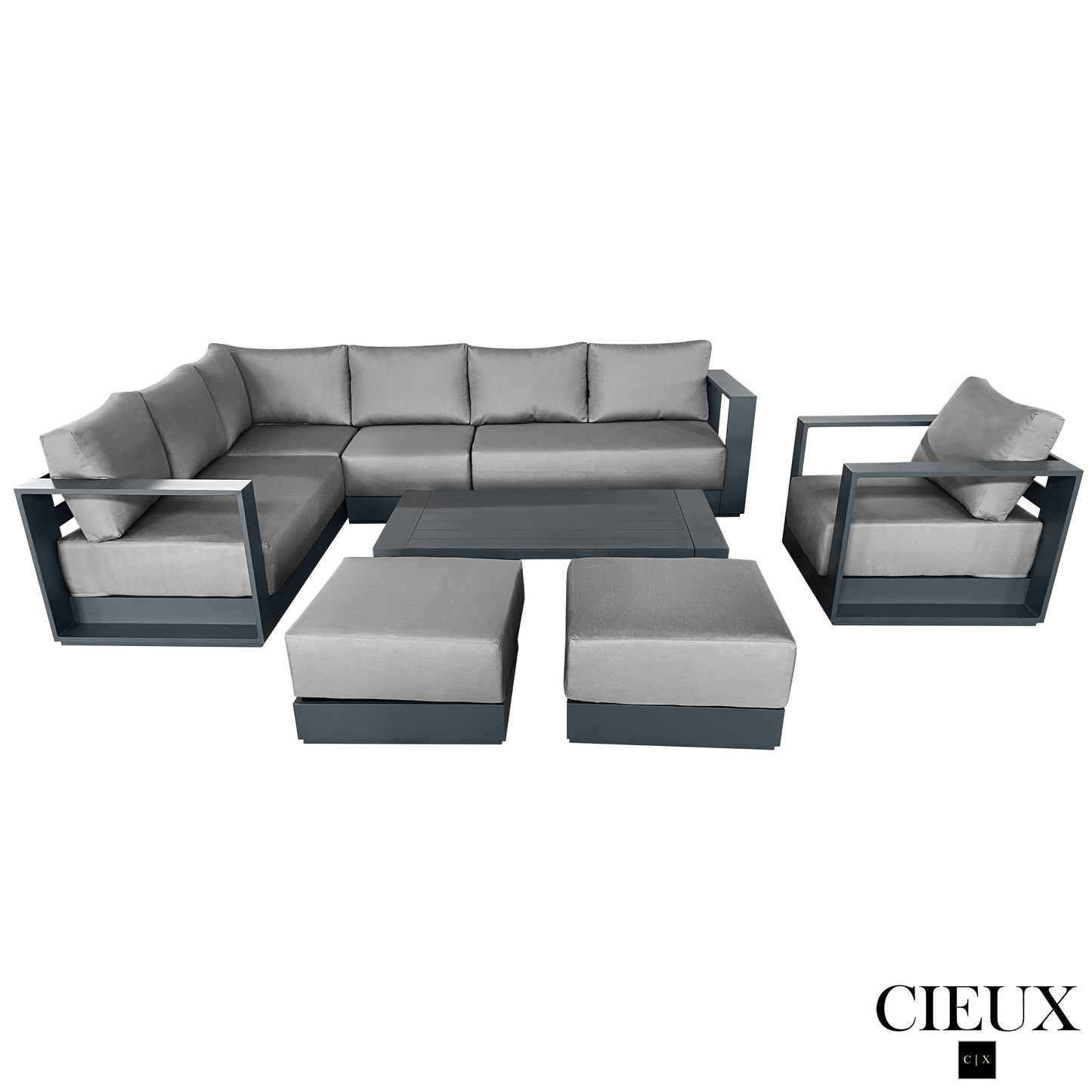 CIEUX Sectional Lyon 5 Piece Outdoor Patio Aluminum Metal L-Shaped Sectional Sofa, Club Chair, 2 Ottomans, and Coffee Table Set in Midnight Grey with Sunbrella Cushions - Available in 2 Colours