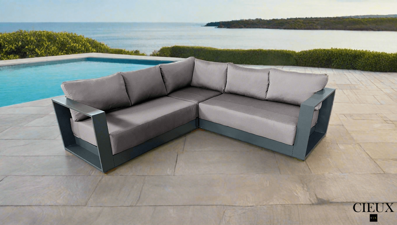 CIEUX Sectional Lyon Outdoor Patio Aluminum Metal Corner Sectional Sofa in Midnight Grey with Sunbrella Cushions - Available in 2 Colours