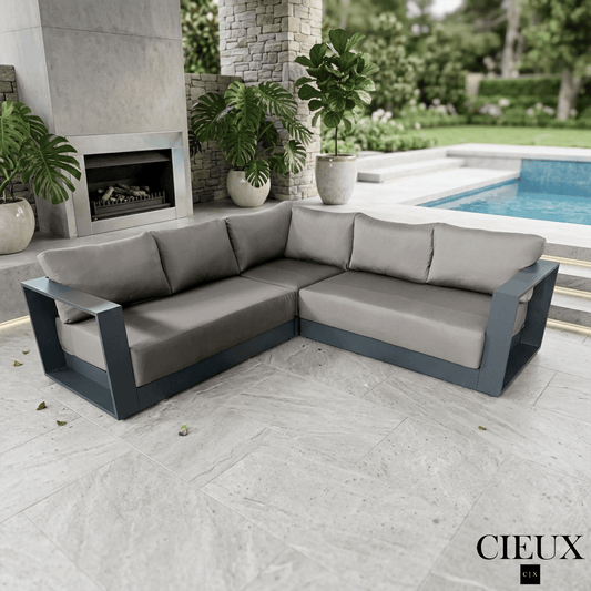 CIEUX Sectional Lyon Outdoor Patio Aluminum Metal Corner Sectional Sofa in Midnight Grey with Sunbrella Cushions - Available in 2 Colours