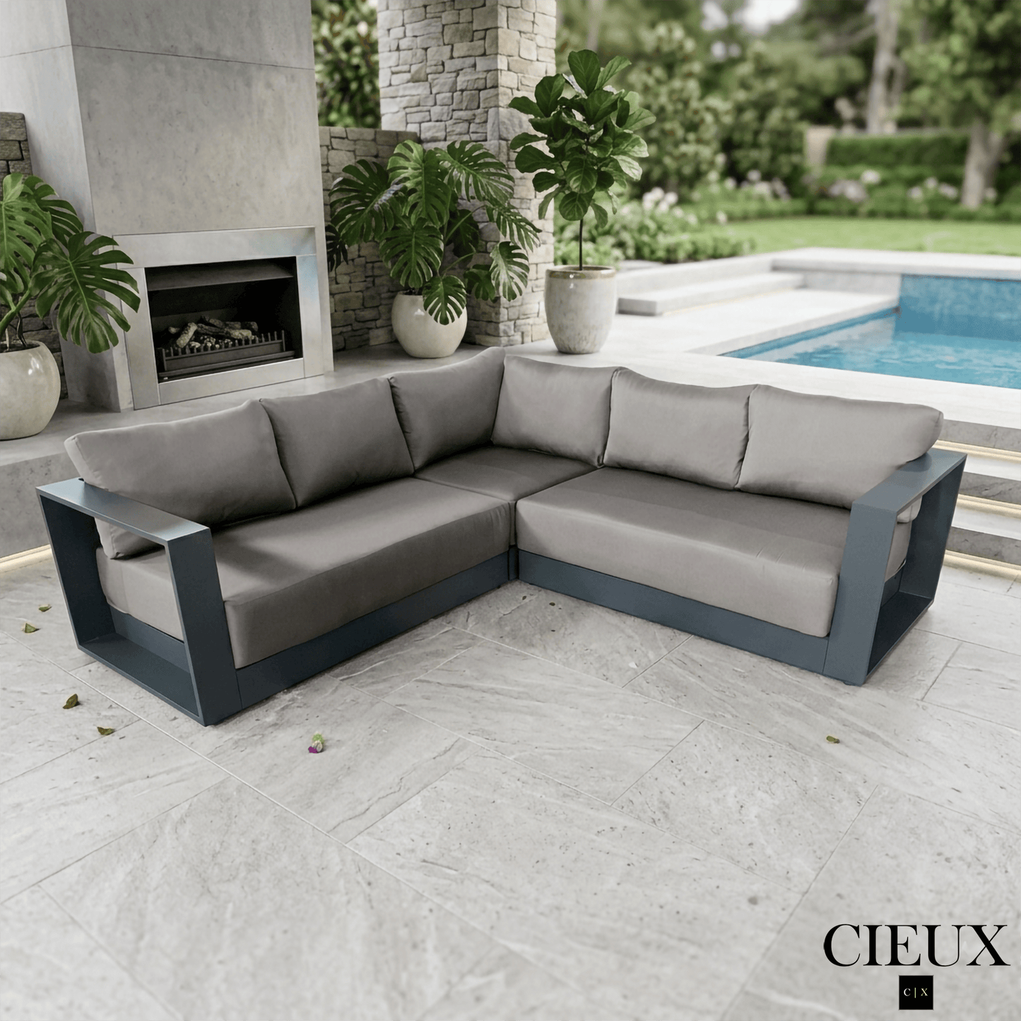 CIEUX Lyon Outdoor Patio Aluminum Metal Corner Sectional Sofa in Midnight Grey with Sunbrella Cushions, image 2