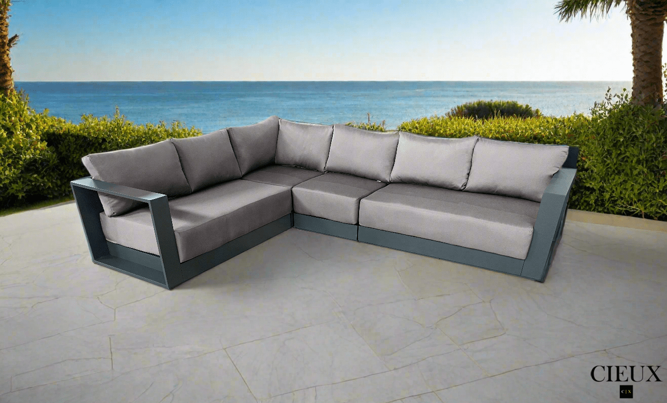 CIEUX Lyon Outdoor Patio Aluminum Metal L Shaped Sectional Sofa in Midnight Grey with Sunbrella Cushions, image 7