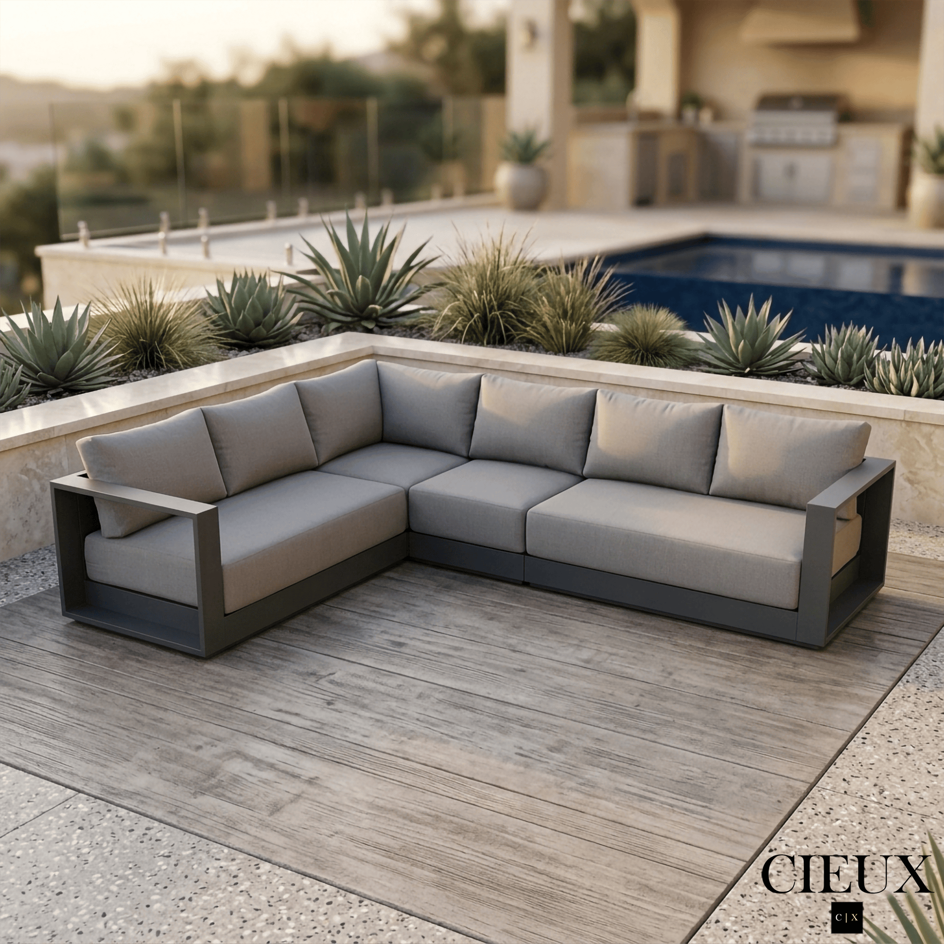 CIEUX Lyon Outdoor Patio Aluminum Metal L Shaped Sectional Sofa in Midnight Grey with Sunbrella Cushions, image 2