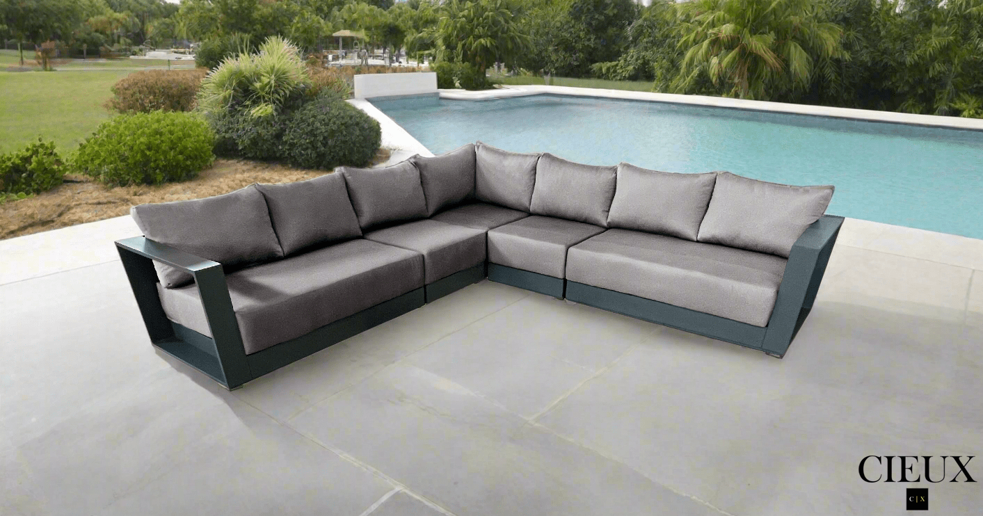 CIEUX Lyon Outdoor Patio Aluminum Metal Large Corner Sectional Sofa in Midnight Grey with Sunbrella Cushions, image 6