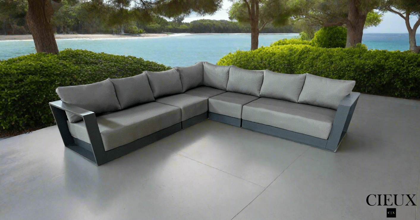 CIEUX Lyon Outdoor Patio Aluminum Metal Large Corner Sectional Sofa in Midnight Grey with Sunbrella Cushions, image 2