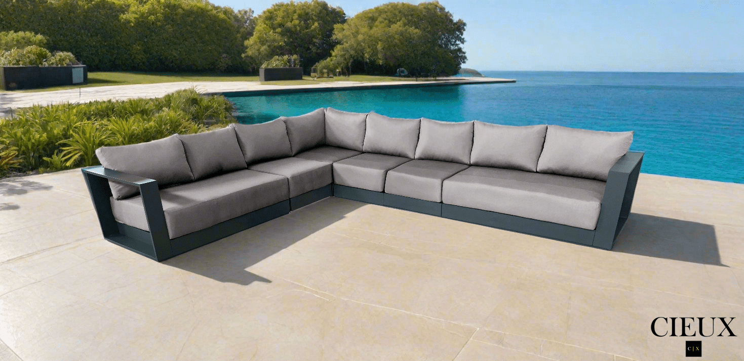 CIEUX Sectional Lyon Outdoor Patio Aluminum Metal Large L-Shaped Sectional Sofa in Midnight Grey with Sunbrella Cushions - Available in 2 Colours