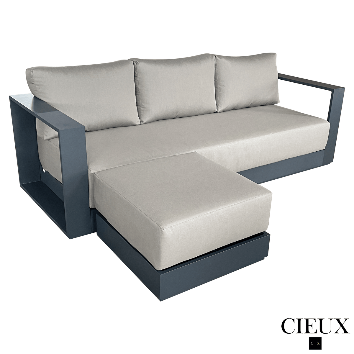 CIEUX Lyon Outdoor Patio Aluminum Metal Medium Sectional Sofa in Midnight Grey with Sunbrella Cushions, image 14